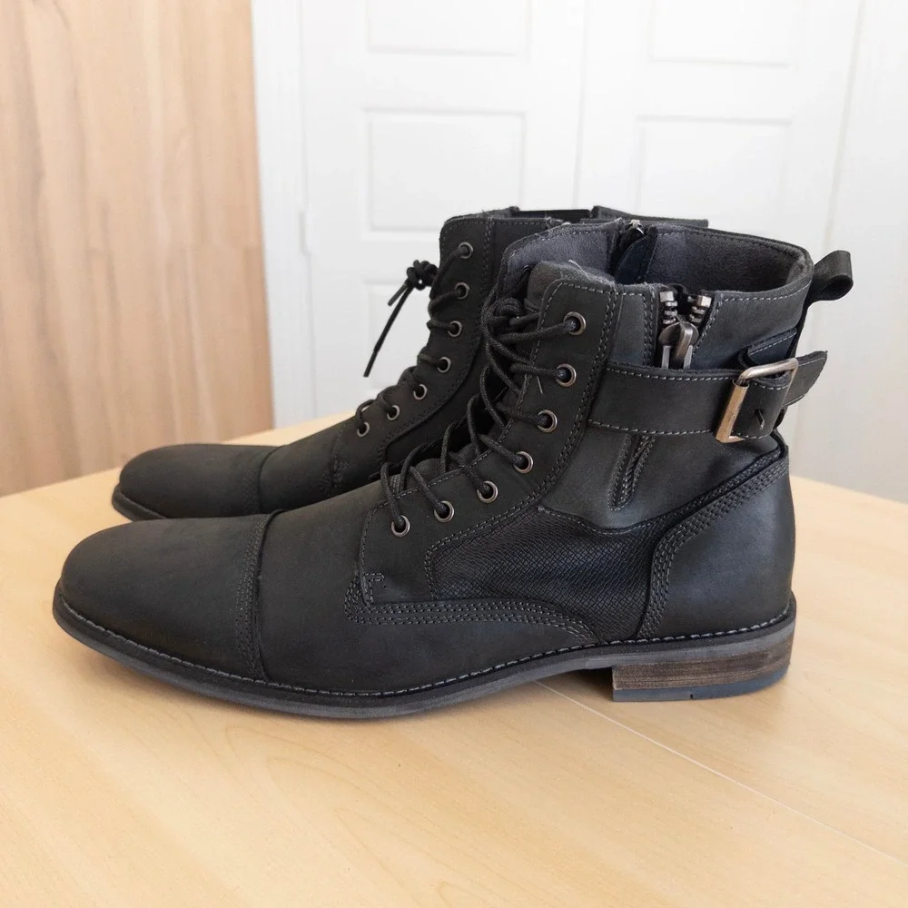 Steve Madden Mens Reflected Boot 13 Black Leather Lace Up Buckle Moto Biker Goth